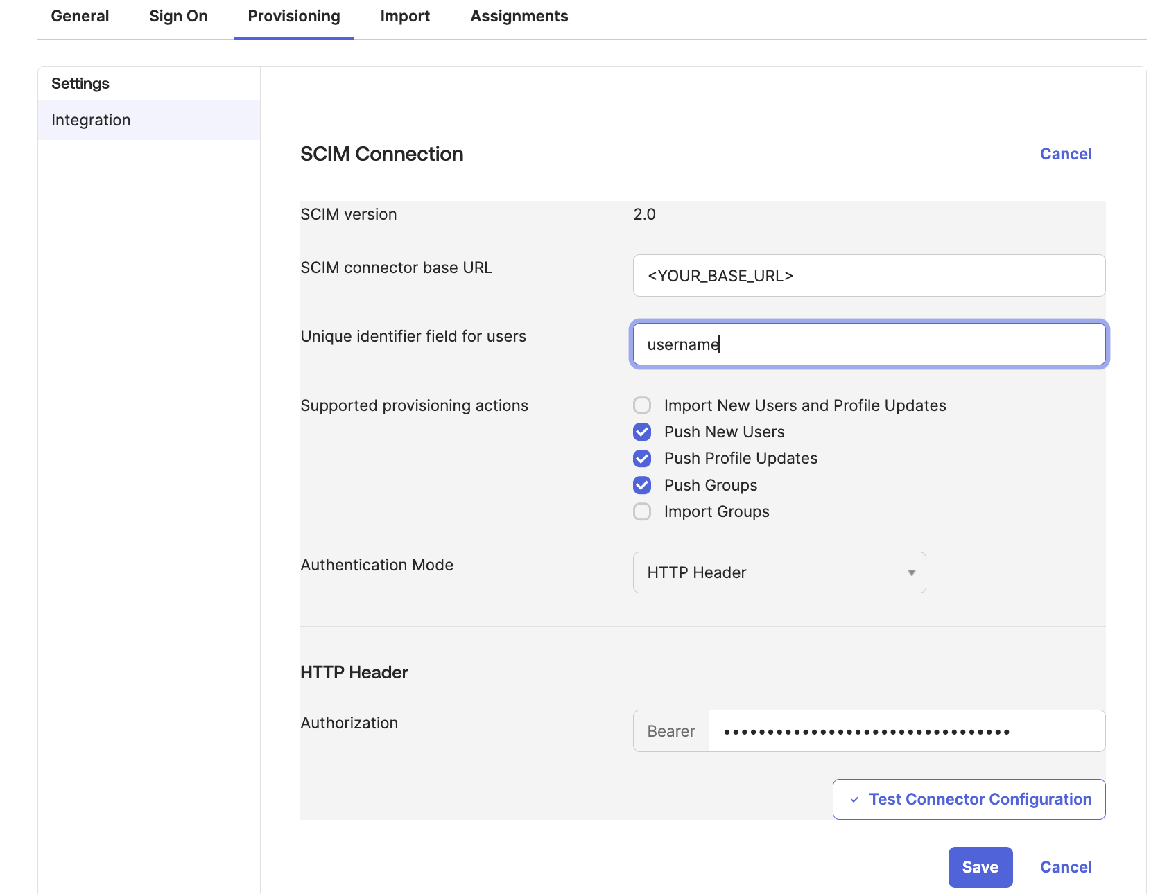 The completed SCIM configuration in the Okta app.