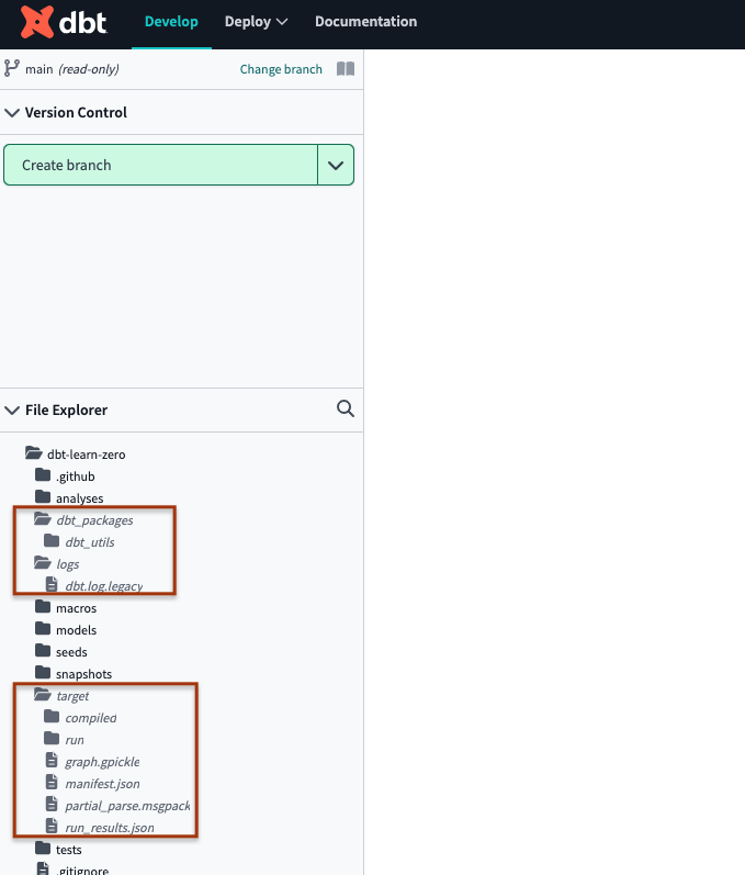 A dbt project on the main branch that has properly configured gitignore folders (highlighted in italics). A dbt project on the main branch that has properly configured gitignore folders (highlighted in italics).