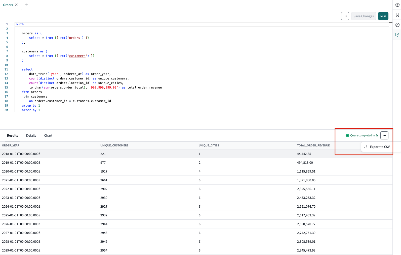 Query page Export to CSV